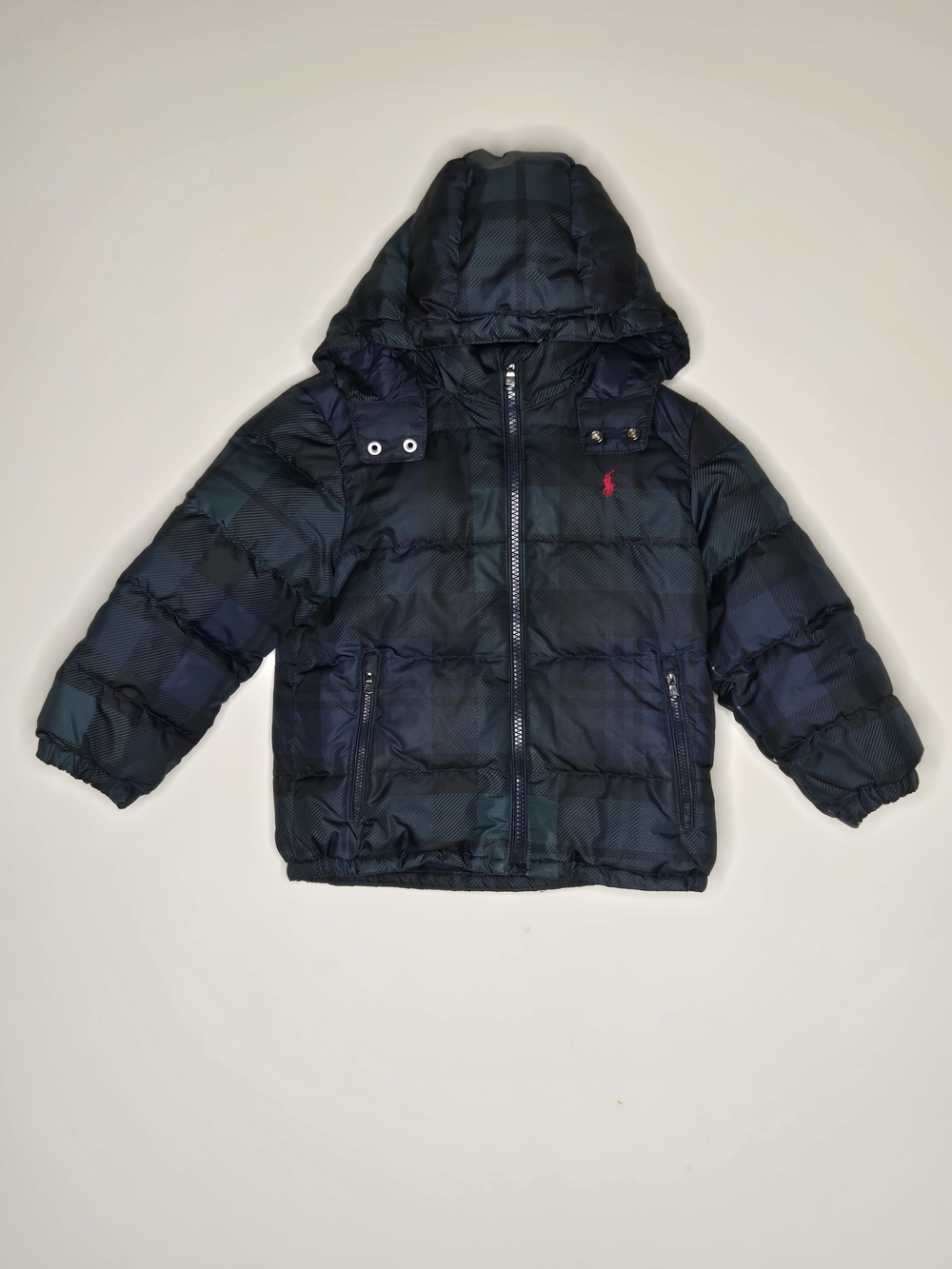 Polo Ralph Lauren Toddler Down Puffer Jacket Hooded Plaid Navy Green 4T - Picture 2 of 12